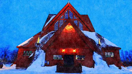 冬天水彩摄影照片_斯堪的纳维亚北部冬季教堂夜景的数字水彩风格