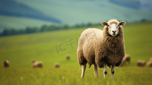 绿色草地摄影照片_白天绿色草地上的棕色绵羊
