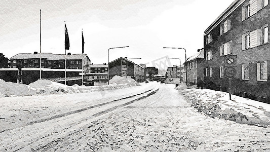 冬天水彩摄影照片_斯堪的纳维亚北部冬季道路的黑白水彩风格