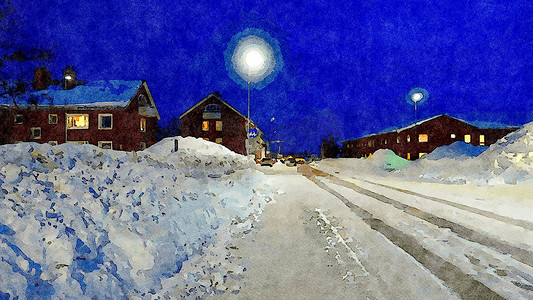 斯堪的纳维亚北部冬季道路夜间一瞥的数字水彩风格