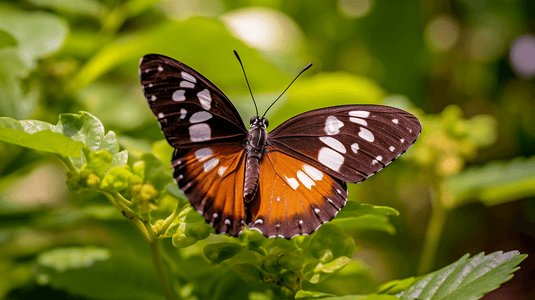 白天近距离拍摄的褐白相间的蝴蝶栖息在绿叶上
