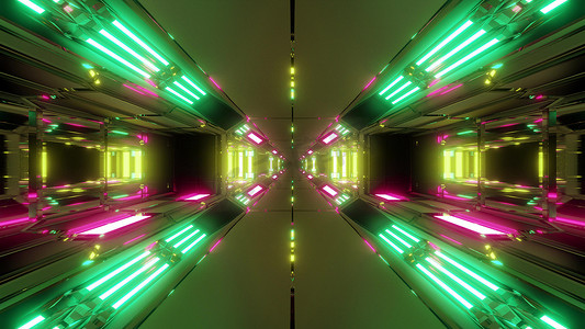 未来派高反光科幻太空隧道走廊3D插画墙纸背景发光灯