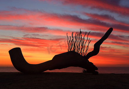 海边的雕塑 - Currawong 在日出天空映衬下的剪影