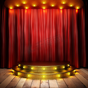 幕摄影照片_金色舞台上的红色布幕