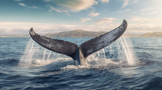 白天鲸鱼的尾巴伸出海面