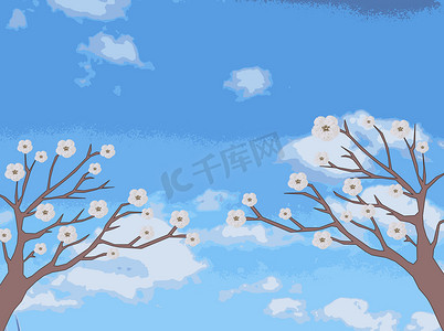 “两棵开着娇嫩花朵的树把树枝拉向天空，画着”