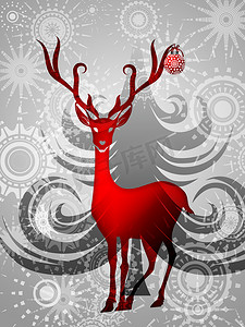 驯鹿与银色背景上的红色装饰品