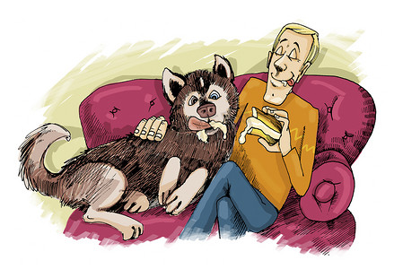 哈士奇狗和他的主人在沙发上