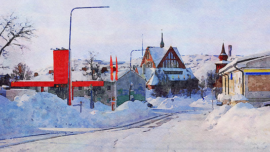 斯堪的纳维亚北部冬季教堂一瞥的数字水彩风格