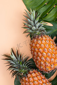 热带棕榈蒙斯特拉叶上的美丽菠萝与明亮柔和的橙色黄色背景、顶视图、平躺、头顶上方的夏季水果隔离开来。