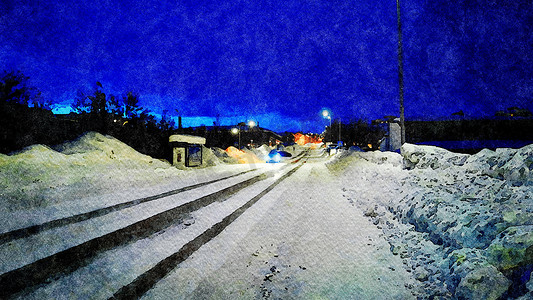 斯堪的纳维亚北部冬季道路夜间一瞥的数字水彩风格