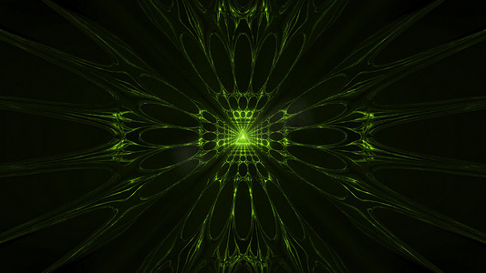 绿色发光幻想三角形线框设计与反光背景墙纸 3d 插图