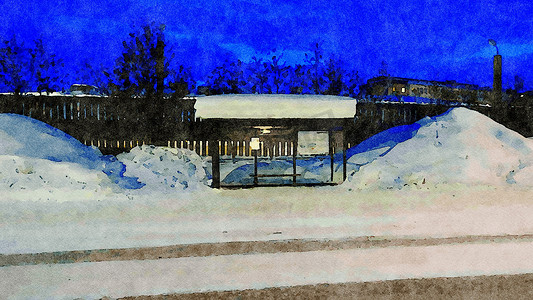 冬天水彩摄影照片_斯堪的纳维亚北部冬季巴士站的数字水彩风格