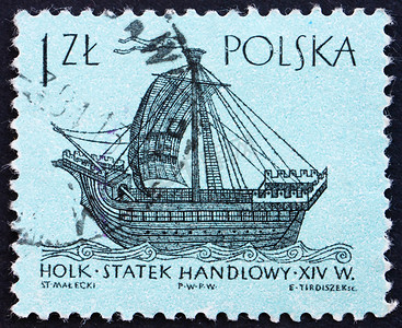 古船摄影照片_“邮票波兰 1963 年 14 世纪‘Holk’，古船”