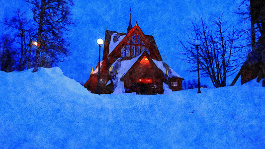 斯堪的纳维亚北部冬季教堂夜景的数字水彩风格