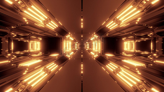 反光摄影照片_未来派高反光科幻太空隧道走廊3D插画墙纸背景发光灯