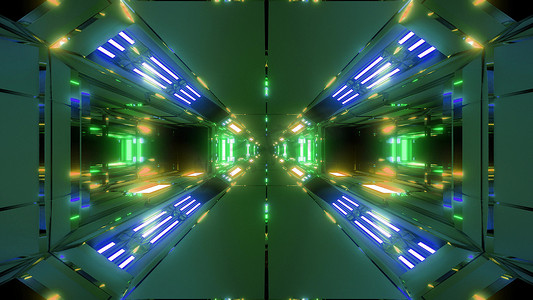 反光摄影照片_未来派高反光科幻太空隧道走廊3D插画墙纸背景发光灯