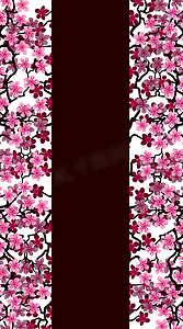 垂直花卉问候横幅与美丽的粉红色花朵分支樱花。勃艮第颜色背景与复制空间在盛开的樱桃树枝上。婚礼请柬、母亲、妇女节的明信片。