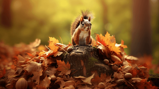 一只松鼠站在一堆树叶上