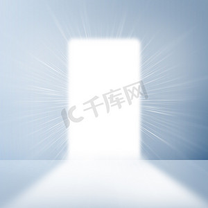 形状门摄影照片_在明亮的光的白色墙壁门口