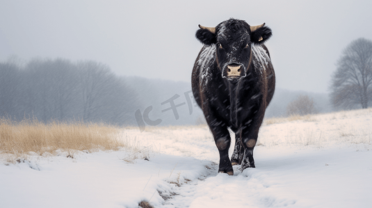 站在积雪的田野上的一头黑牛