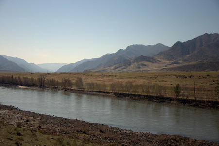 卡通大山背景摄影照片_湍急的卡吞河 (Katun River) 带着碧绿的水流穿过阿尔泰山脉。
