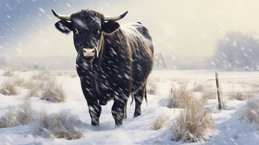 站在积雪的田野上的一头黑牛