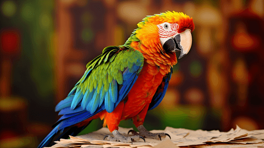 一只色彩鲜艳的鹦鹉栖息在一张纸上