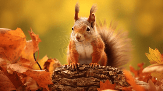 一只树叶摄影照片_一只松鼠坐在一堆树叶上