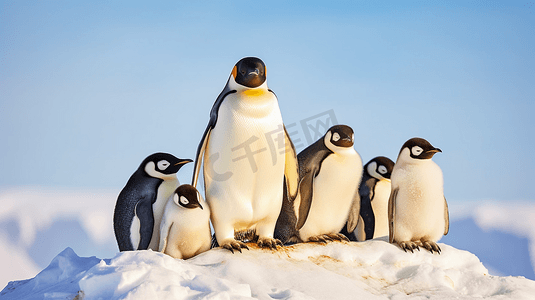 一群企鹅站在雪堆上