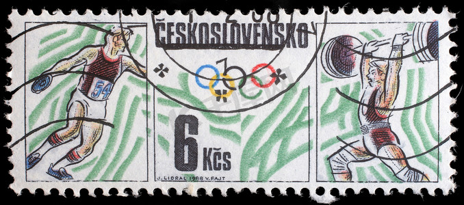 捷克斯洛伐克印制的邮票，展示奥运会、乒乓球和举重
