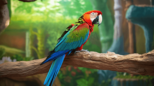 棕色树枝上的红蓝绿鹦鹉