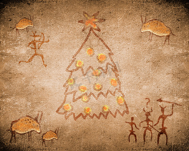 与圣诞树的史前洞穴壁画