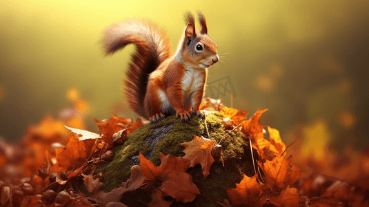 一只松鼠站在一堆树叶上