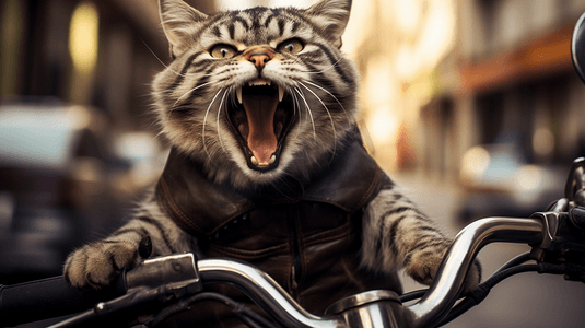 一只猫坐在摩托车上打哈欠