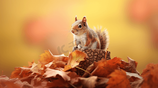 一只松鼠坐在一堆树叶上