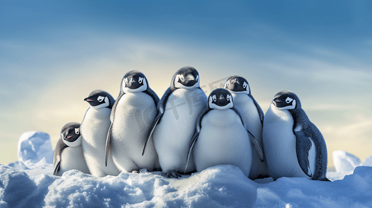 一群企鹅站在雪堆上