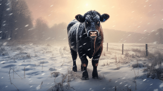 黑牛摄影照片_站在积雪的田野上的一头黑牛