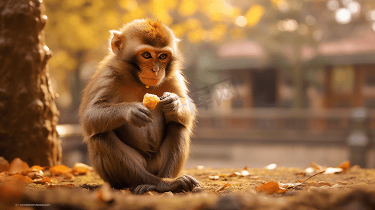 一只猴子坐在地上吃东西