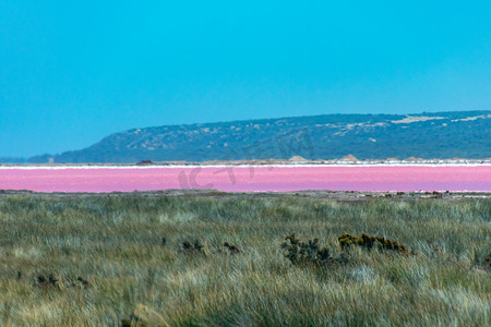 粉色天空摄影照片_格雷戈里在西澳大利亚的粉红湖被海市蜃楼弄得不清晰