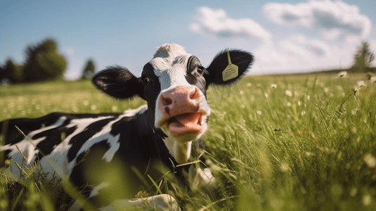 白天绿草地上的黑白相间的奶牛