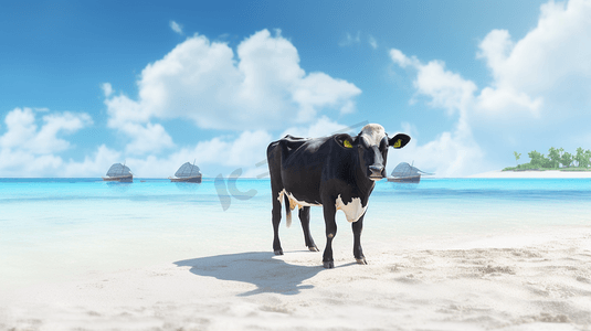 黑牛摄影照片_白天白沙上的黑牛