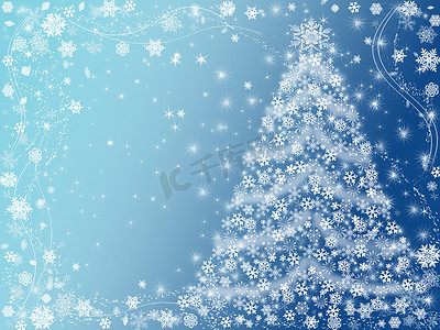 蓝色冬日雪花摄影照片_圣诞树蓝色
