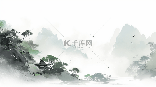 水上滑板插画背景图片_中国水墨画山水风景水墨山水插画海报背景