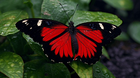 一只红黑相间的蝴蝶坐在树叶上
