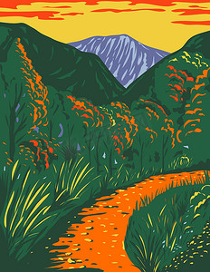 山海报摄影照片_秋季期间新墨西哥州瓜达卢佩山国家公园内的 McKittrick 峡谷小径 WPA 海报艺术