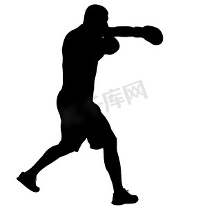 白色背景下运动员拳击手的黑色剪影
