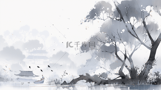 中国传统插画背景图片_中国水墨画山水风景水墨山水插画海报背景