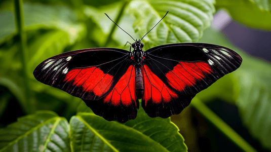 一只树叶摄影照片_一只红黑相间的蝴蝶坐在树叶上