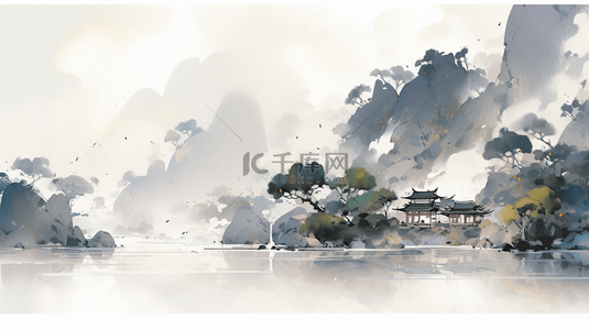 风水墨画背景图片_中国水墨画山水风景水墨山水插画海报背景